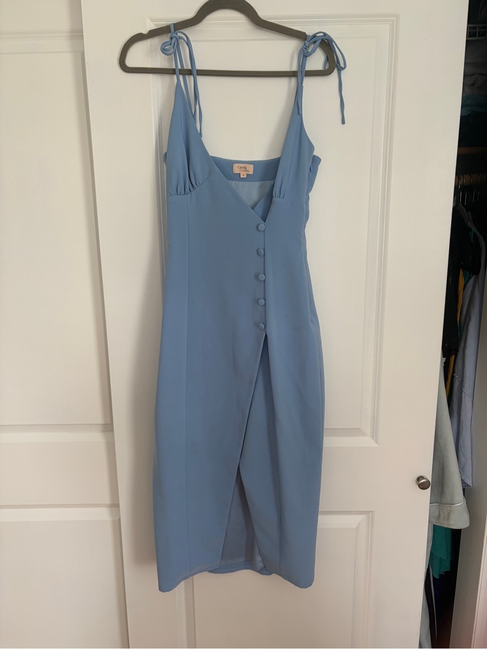 Camila Coelho Light Blue Tie-Shoulder Midi Dress with Button Front